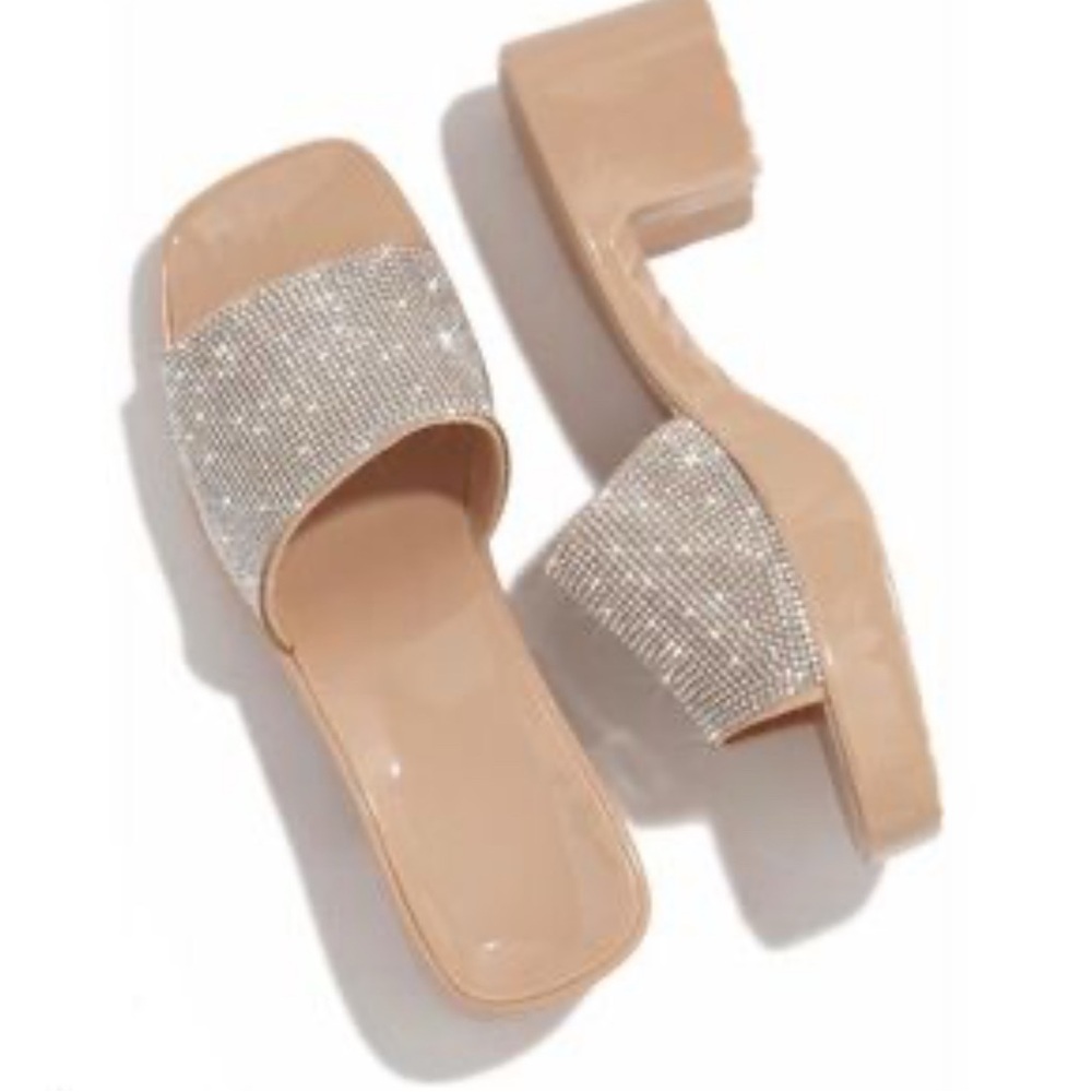 Olivia Miller PVC  Slip-On Square  Chunky Block Heel Sandals Cream, Rhinestones